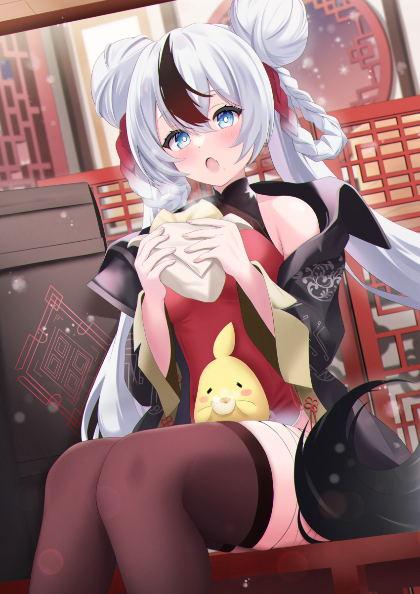 1girl absurdres architecture azur_lane bare_shoulders black_coat black_hair blue_eyes breasts brown_thighhighs china_dress chinese_clothes coat double_bun dress east_asian_architecture eating elegant_(sumisumi4268) food gradient_hair hair_bun highres holding holding_food l&#039;indomptable_(azur_lane) l&#039;indomptable_(temp_in_low_temperatures)_(azur_lane) long_hair manjuu_(azur_lane) multicolored_hair official_alternate_costume open_clothes open_coat open_mouth red_hair sitting small_breasts solo streaked_hair thighhighs very_long_hair white_hair