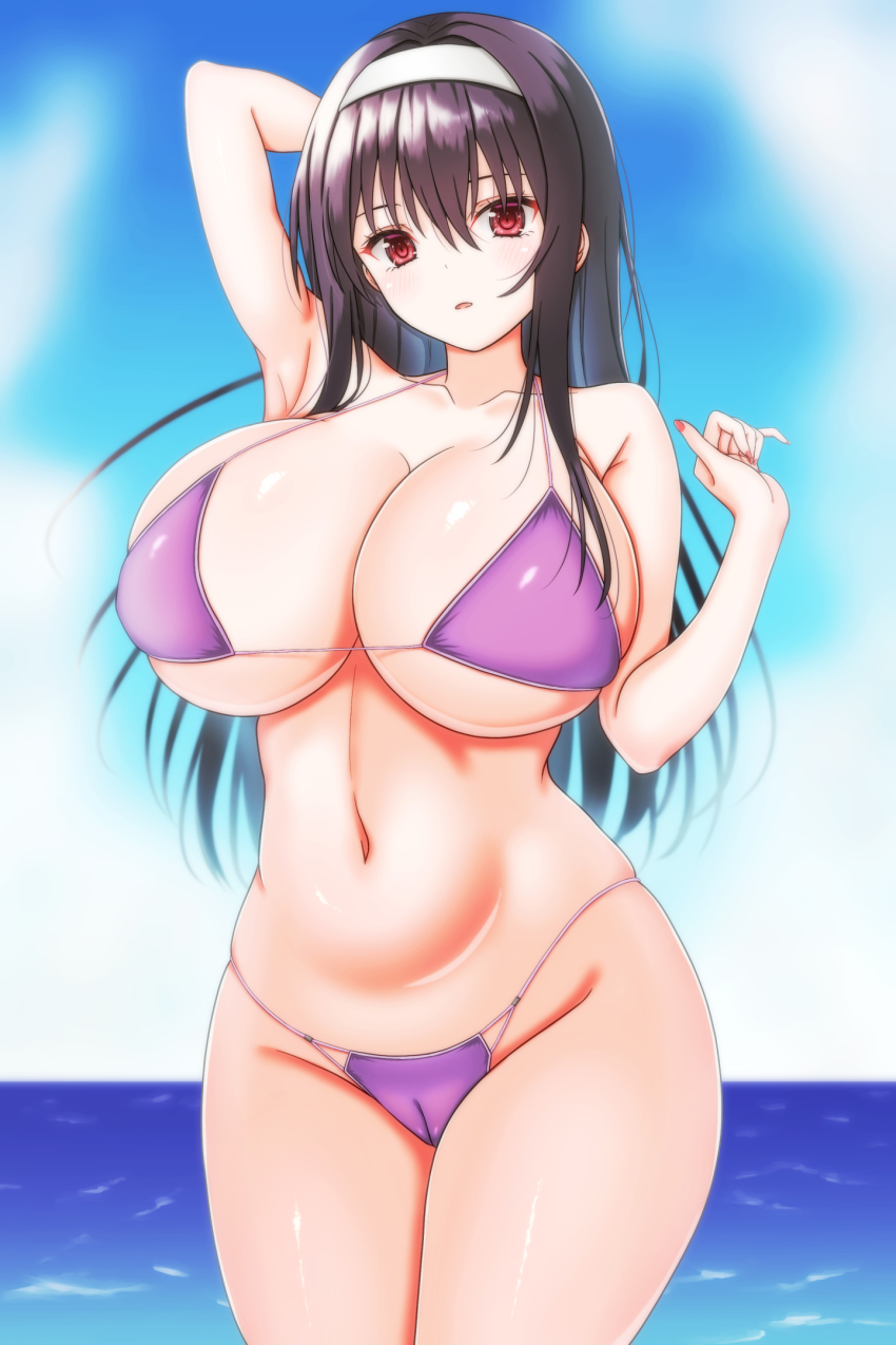 1girl arm_up armpits bare_arms bikini black_hair breasts cameltoe cleavage collarbone cowboy_shot day hair_between_eyes hairband heart heart-shaped_pupils highres kasumigaoka_utaha large_breasts long_hair nabeshiita_(atsuryoku_nabe) navel ocean outdoors purple_bikini red_eyes saenai_heroine_no_sodatekata sky solo standing swimsuit symbol-shaped_pupils underboob white_hairband