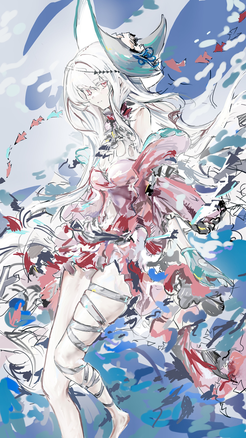 1girl aaaaaash absurdres angelfish aqua_gloves aqua_hat arknights ascot bare_shoulders barefoot black_ascot breasts closed_mouth clothing_cutout detached_sleeves dress fish full_body gloves hair_between_eyes hair_ribbon hat highres leg_ribbon long_hair long_sleeves looking_at_viewer medium_breasts navel_cutout official_alternate_costume pointy_hat red_dress red_eyes red_sleeves ribbon skadi_(arknights) skadi_the_corrupting_heart_(arknights) solo thighs tropical_fish very_long_hair water water_drop white_hair
