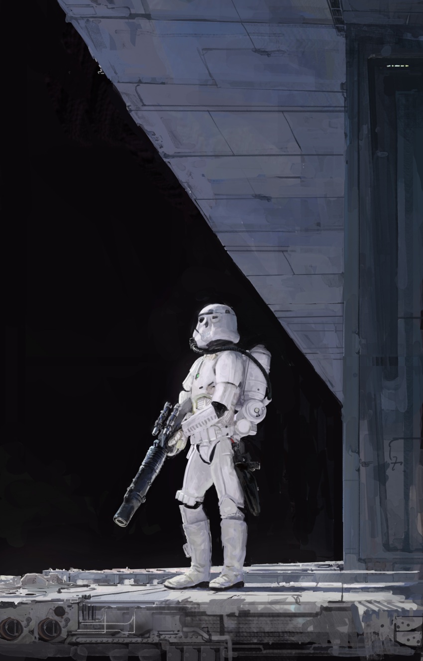 1boy absurdres armor astronaut black_background full_armor gas_can gas_cylinder gun highres holding holding_gun holding_weapon scenery solo space space_station star_wars stormtrooper weapon whaleoil
