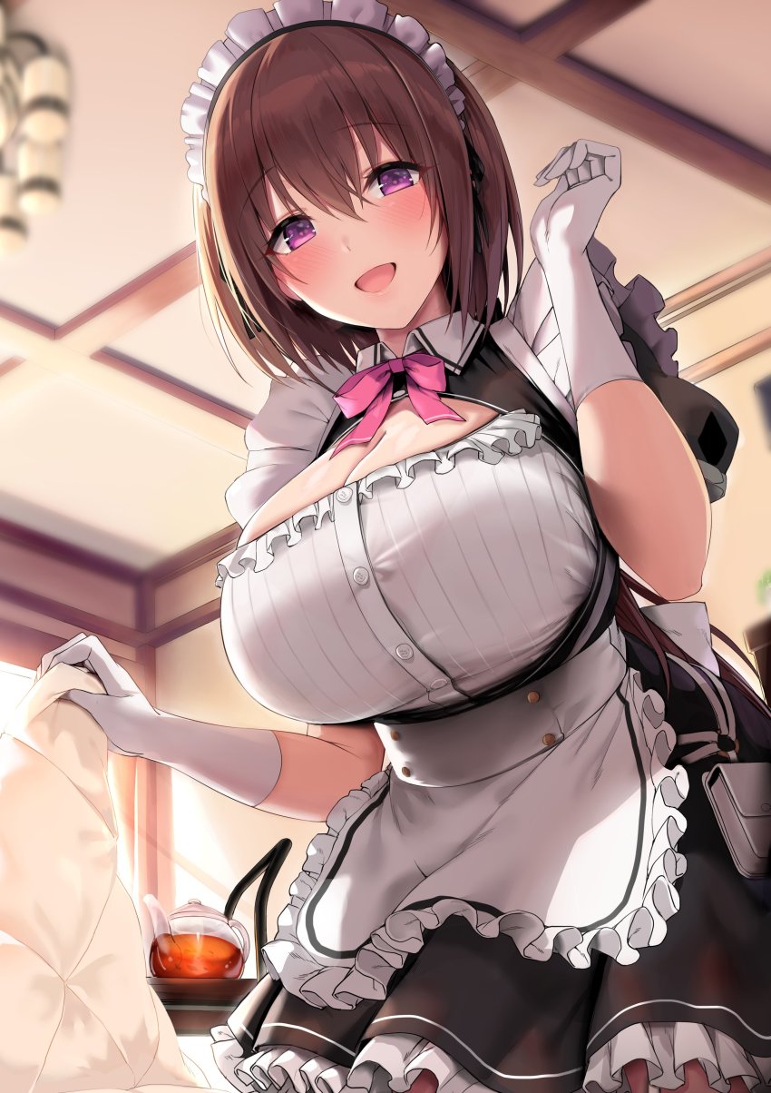 1girl absurdres apron black_dress blue_gk blush breasts brown_hair cleavage cleavage_cutout clothing_cutout dress elbow_gloves gloves highres large_breasts looking_at_viewer maid maid_headdress open_mouth original puffy_short_sleeves puffy_sleeves purple_eyes short_hair short_sleeves smile solo tea teapot waist_apron white_apron white_gloves