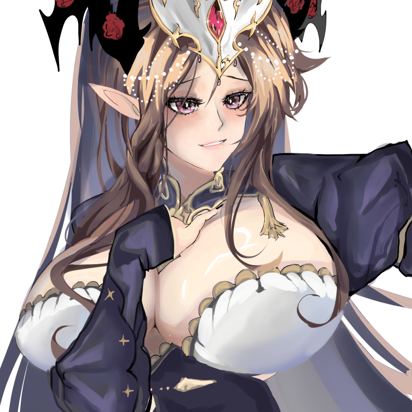 artist_request bad_id bad_pixiv_id blush breasts brown_hair fairy_carabosse_(grimms_notes) grimms_notes grin hand_up highres huge_breasts juliet_sleeves long_hair long_sleeves puffy_sleeves simple_background smile teeth very_long_hair white_background