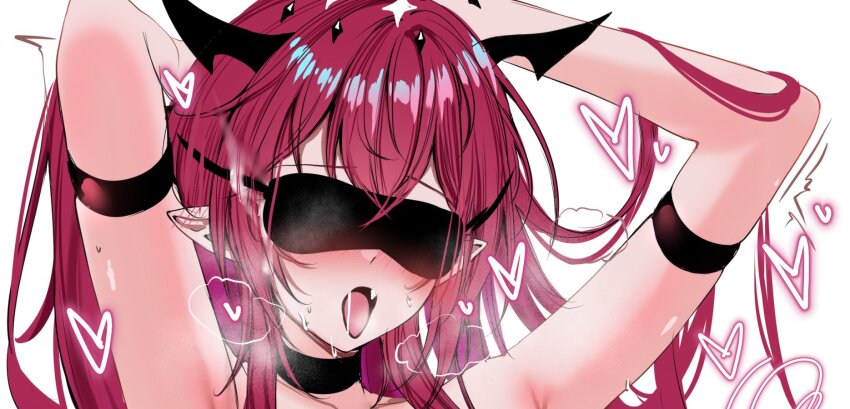 acedia arms_up black_horns blindfold blush breath cropped heart highres hololive hololive_english horns irys_(hololive) long_hair open_mouth paid_reward_available pointy_ears purple_hair saliva simple_background upper_body very_long_hair virtual_youtuber white_background