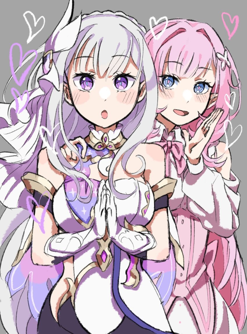 2girls :o aaali! black_shorts blue_eyes blush_stickers breasts commentary corset cosplay costume_switch dress elf elysia_(herrscher_of_human:_ego)_(honkai_impact) elysia_(honkai_impact) elysia_(honkai_impact)_(cosplay) emilia_(re:zero) emilia_(re:zero)_(cosplay) english_commentary gloves grey_background hair_ornament hand_on_another&#039;s_shoulder heart highres honkai_(series) honkai_impact_3rd large_breasts long_hair multiple_girls open_mouth own_hands_together pink_dress pink_hair pointy_ears purple_eyes re:zero_kara_hajimeru_isekai_seikatsu short_shorts shorts triquetra veil very_long_hair white_corset white_gloves white_veil