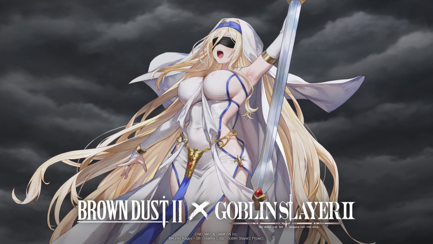 1girl absurdres arm_up armpits blindfold blonde_hair breasts brown_dust_(series) brown_dust_2 cloud cloudy_sky copyright_name covered_navel elbow_gloves gloves goblin_slayer! highres holding holding_sword holding_weapon large_breasts long_hair official_art official_wallpaper open_mouth robe shouting sky solo sword sword_maiden underboob veil very_long_hair weapon white_gloves white_robe white_veil