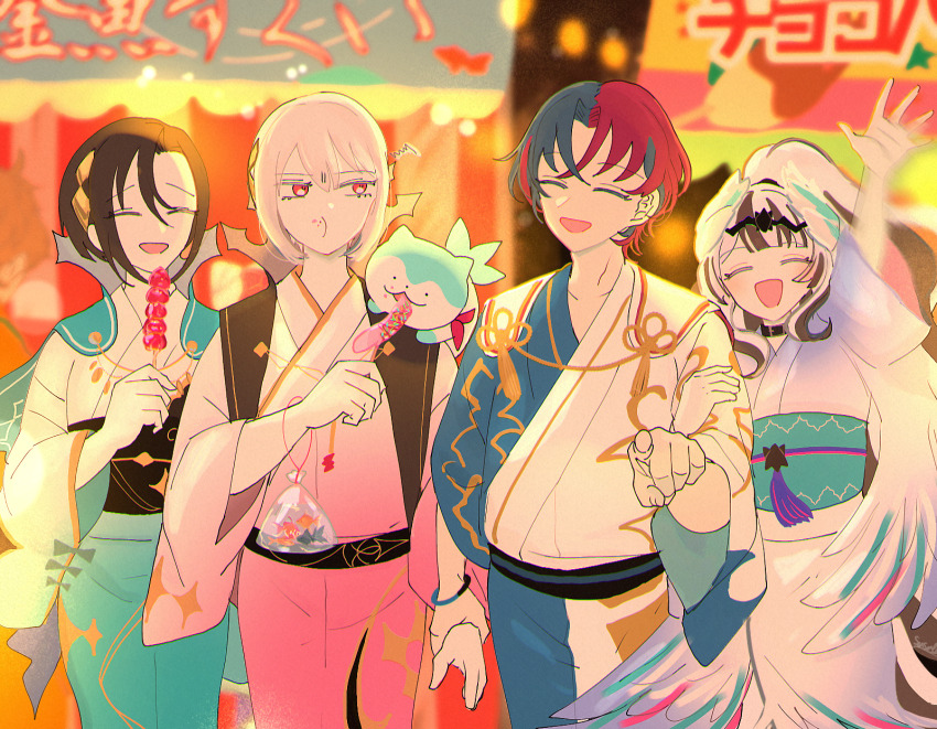 2boys 2girls alear_(male)_(fire_emblem) alternate_costume alternate_hairstyle arm_up black_choker black_hair blue_hair blue_kimono brother_and_sister choker crossed_bangs fire_emblem fire_emblem_engage food food_on_face grey_hair hair_between_eyes high_ponytail highres japanese_clothes kimono long_sleeves multicolored_hair multiple_boys multiple_girls nel_(fire_emblem) nintendo pointing pointing_at_viewer ponytail rafal_(fire_emblem) red_eyes red_hair sasaki_(dkenpisss) siblings sommie_(fire_emblem) two-tone_hair veyle_(fire_emblem) white_hair white_kimono wide_sleeves