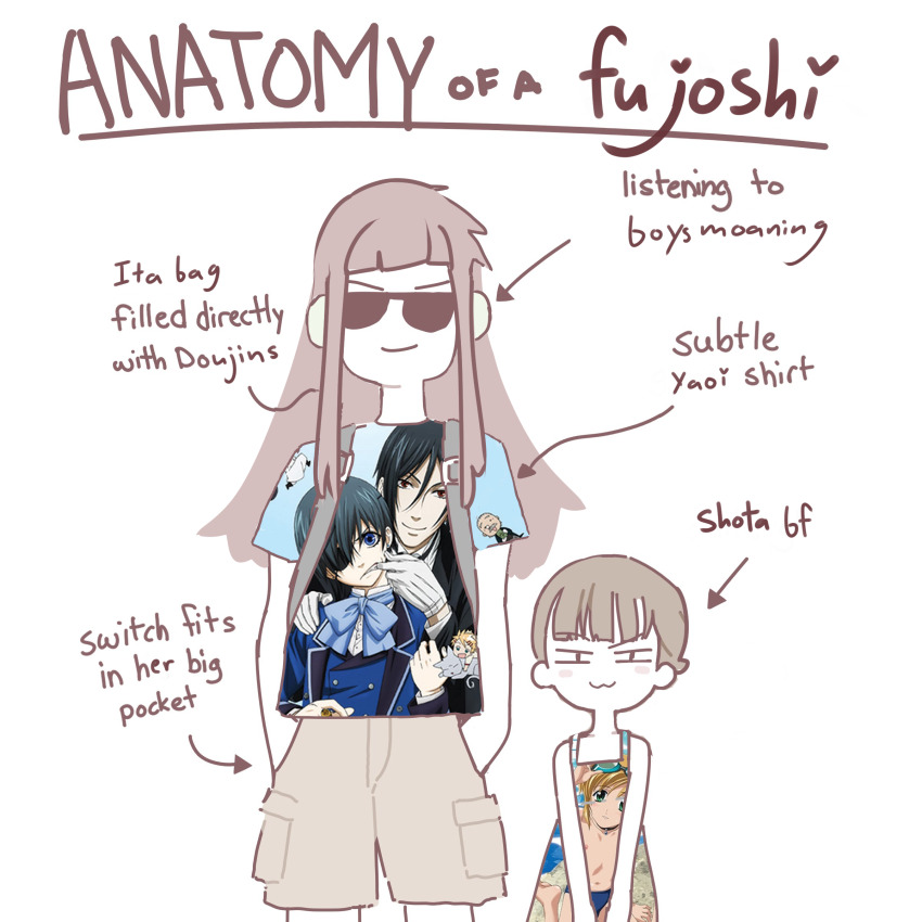 1boy 1girl absurdres age_difference anatomy_of_a_gamer_(meme) boku_no_pico butler child_gf_(orenji) ciel_phantomhive commentary english_commentary english_text fujoshi genderswap genderswap_(ftm) highres kuroshitsuji long_hair meme onee-shota orenjipiiru original pico_(boku_no_pico) princessmisery sebastian_michaelis shorts simple_background white_background