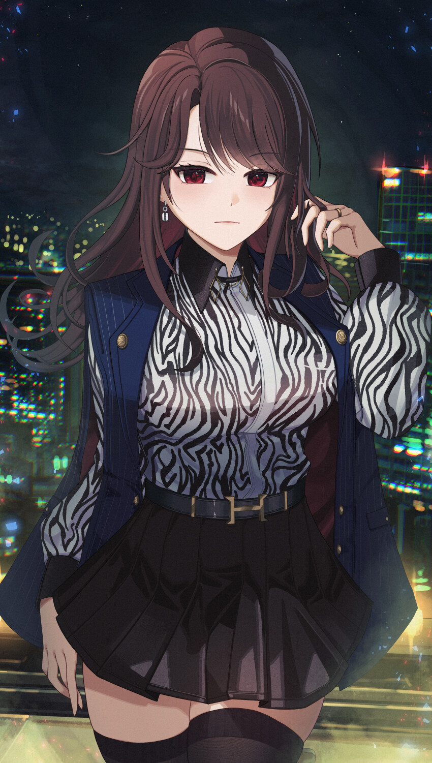 1girl absurdres animal_print belt black_skirt black_thighhighs blue_vest breasts brown_hair city closed_mouth earrings gimyogi highres jewelry large_breasts long_hair long_sleeves looking_at_viewer miniskirt night open_clothes open_vest original outdoors pleated_skirt shirt skirt solo thighhighs vest white_shirt zebra_print zettai_ryouiki