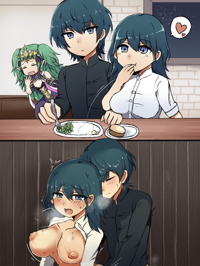 1boy 2girls alternate_self blue_eyes blue_hair blush bouncing_breasts breasts female_byleth_(fire_emblem) male_byleth_(fire_emblem) comic crying eating fire_emblem fire_emblem:_three_houses food from_behind heart heavy_breathing hetero highres implied_sex incest instant_loss katikunikamihainai large_breasts medium_hair multiple_girls nintendo nipples onsenmainiti open_clothes open_mouth open_shirt panels punishment selfcest shirt short_hair sothis_(fire_emblem) speech_bubble stealing stealing_food sweat aqua_hair tearing_up tears