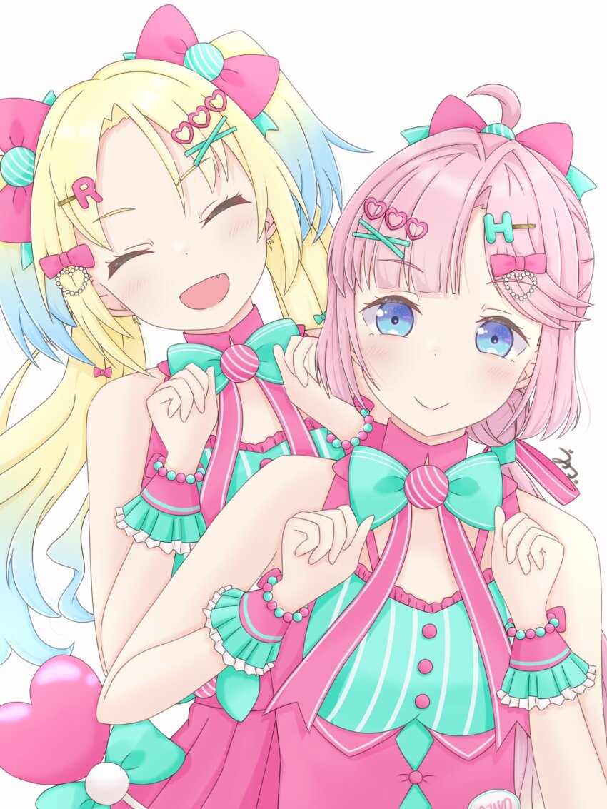 2girls :d ^_^ ahoge anyoji_hime aqua_shirt bare_shoulders blonde_hair blue_hair blunt_bangs blush bow buchiko_(shakishaki25726) c: closed_eyes closed_mouth commentary_request curtained_hair facing_viewer fake_tail fang gradient_hair hair_bow hair_intakes hair_ornament heart heart_hair_ornament highres letter_hair_ornament link!_like!_love_live! long_hair looking_at_viewer love_live! miniskirt mira-cra_park! multicolored_hair multiple_girls open_mouth osawa_rurino parted_bangs pink_bow pink_skirt pink_vest pink_wrist_cuffs pleated_skirt ponytail shirt sidelocks skirt sleeveless sleeveless_shirt smile split_mouth tail twintails underbust vest virtual_youtuber wawo!_(love_live!) wrist_cuffs x_hair_ornament