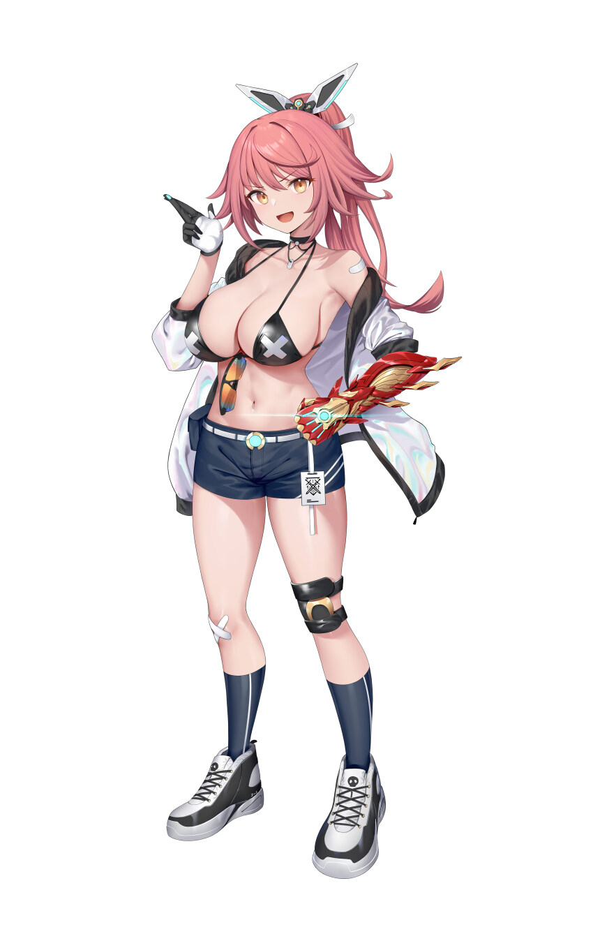 1girl absurdres armpits bandaid bandaid_on_knee bandaid_on_leg bandaid_on_shoulder belt belt_pouch bikini bikini_top_only black_bikini black_choker black_gloves black_shorts black_socks breasts choker cleavage collarbone dog_tags eyewear_hang full_body gauntlets gloves hair_ornament halterneck hand_up haze/reverb highres jacket k.t.cube knee_pads kneehighs large_breasts long_hair long_sleeves looking_at_viewer navel off_shoulder official_art open_clothes open_jacket open_mouth orange-tinted_eyewear pink_hair ponytail pouch roi_(liu_tian) shoes short_shorts shorts simple_background single_gauntlet single_glove single_knee_pad smile sneakers socks solo standing stomach string_bikini sunglasses swimsuit thighs tinted_eyewear two-tone_gloves unworn_eyewear v-shaped_eyebrows white_background white_gloves white_jacket white_shoes yellow_eyes
