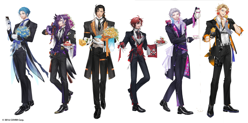 6+boys :d ahoge alternate_costume aqua_eyes argyle_clothes ascot axel_syrios banzoin_hakka beard_stubble belt black_coat black_gloves black_hair black_jacket black_necktie black_pants black_ribbon black_skin black_socks black_suit blonde_hair blue_bow blue_eyes blue_flower blue_hair blue_necktie blue_rose blueberry bouquet bow box braid brooch butler cake cake_slice candy carrying_over_shoulder chain cheesecake chest_harness chocolate chocolate_bar closed_mouth coat colored_extremities colored_skin copyright_notice creature creature_on_shoulder cross-laced_footwear cup curtained_hair decantering earrings eyeshadow facial_hair failure fake_tail feather_earrings feather_trim feathers flipped_hair floating_earrings floral_print flower food formal_clothes fruit full_body garnish gavis_bettel gift gift_box gloves gradient_ribbon green_eyes grey_ascot grey_hair grey_vest hair_between_eyes hair_over_shoulder hair_slicked_back harness heterochromia highres holding holding_bouquet holding_flower holding_food holding_gift holding_plate holding_saucer holding_teapot holostars holostars_english holotempus jacket jewelry josuiji_shinri lapel_pin lapels light_blush lily_print long_hair long_sleeves looking_at_viewer low_ponytail machina_x_flayon makeup male_focus medium_hair mismatched_earrings monocle multicolored_eyes multicolored_hair multicolored_skin multiple_boys neck_ribbon necktie notched_lapels official_art on_shoulder open_clothes open_coat open_collar open_jacket open_mouth orange_bow orange_coat orange_jacket oxfords pants parted_bangs parted_lips phantom_(gavis_bettel) pink_belt pink_coat pink_eyes pink_eyeshadow pink_hair pinstripe_pattern pinstripe_vest plate pleated_pants ponytail purple_flower purple_hair purple_ribbon purple_rose purple_sash purple_vest red_eyes red_flower red_hair red_ribbon red_rose red_vest regis_altare ribbon rose sash saucer scarf see-through_clothes shoes short_hair side_braid simple_background single_braid single_glove sleeves_rolled_up smile socks spilling standing strawberry streaked_hair striped_clothes striped_vest stubble suit tail tailcoat tassel tassel_earrings teacup teapot thigh_strap towel tuxedo_shirt two-sided_fabric two-sided_jacket two-tone_eyes two-tone_hair undone_ascot vertical-striped_clothes vertical-striped_vest vest virtual_youtuber white_background white_belt white_flower white_gloves white_hair white_scarf wrist_belt xiayou1104 yellow_flower yellow_rose you&#039;re_doing_it_wrong