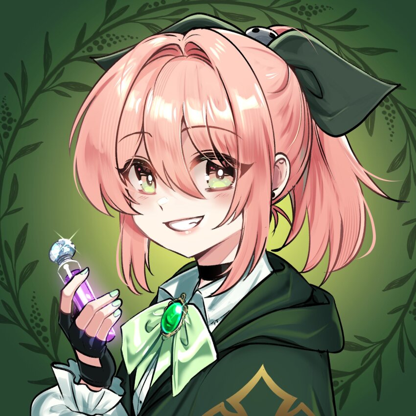 1girl black_choker black_gloves bow brooch cape choker commentary double-parted_bangs english_commentary fingerless_gloves fingernails gem gloves green_background green_bow green_cape green_eyes green_gemstone green_nails grin hair_between_eyes highres jewelry long_sleeves looking_at_viewer nail_polish original pink_hair ryuuxin shion_(ryuuxin) short_hair smile solo upper_body