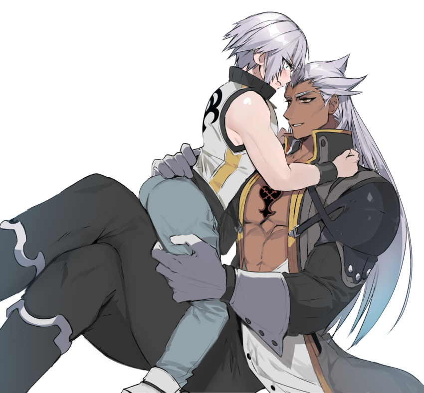 2boys abs ansem_seeker_of_darkness arms_around_neck ass blush crossed_legs dark-skinned_male dark_skin evil_grin evil_smile gloves green_eyes grey_hair grin grinding hand_on_another&#039;s_thigh highres kingdom_hearts kingdom_hearts_3d:_dream_drop_distance lgw7 long_hair male_focus multiple_boys open_mouth orange_hair pointy_ears riku_(kingdom_hearts) shirt short_hair sitting sitting_on_lap sitting_on_person sleeveless sleeveless_shirt smile straddling sweat white_background wide-eyed yaoi