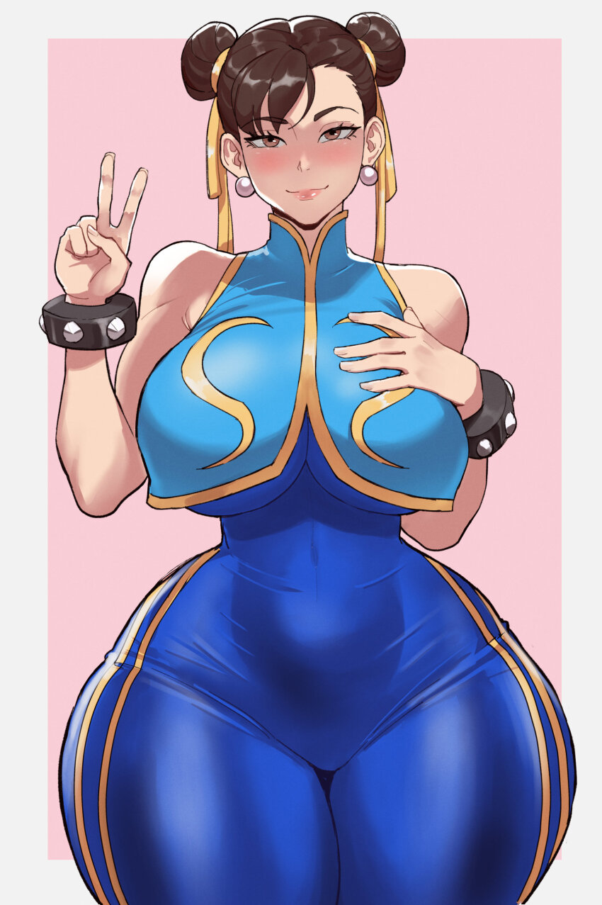 1girl 2024 absurdres arm_up artist_name ass ass_focus back blue_background blue_bodysuit blue_vest blush bodysuit bracelet breasts brown_hair capcom chun-li clenched_hand commentary cowboy_shot double_bun earrings english_commentary female_focus grabbing_own_breast hair_bun highres jewelry jitome large_breasts lips looking_at_viewer lustyshape medium_breasts outside_border pink_lips shaded_face sideboob simple_background smile solo spiked_bracelet spikes standing straight-on street_fighter street_fighter_alpha swept_bangs thick_lips thick_thighs thighs v vest wide_hips