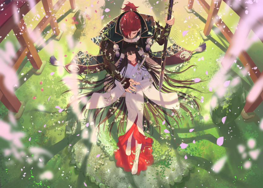 1boy 1girl absurdres alternate_costume alternate_hairstyle black_gloves black_hair blurry cape commentary_request day dress falling_petals fate/grand_order fate_(series) flower from_above funeral gloves grass hakama hanami hand_grab highres holding holding_hands holding_polearm holding_weapon jacket japanese_clothes jinbaori kimono lance lying military_uniform mori_nagayoshi_(fate) motion_blur no_headwear obi oda_nobunaga_(fate) oda_nobunaga_(koha-ace) on_back on_grass one_eye_closed outdoors petals pink_flower polearm red_hair sash sitting smile spring_(season) warabi_tama weapon white_flower white_kimono wide_sleeves wisteria