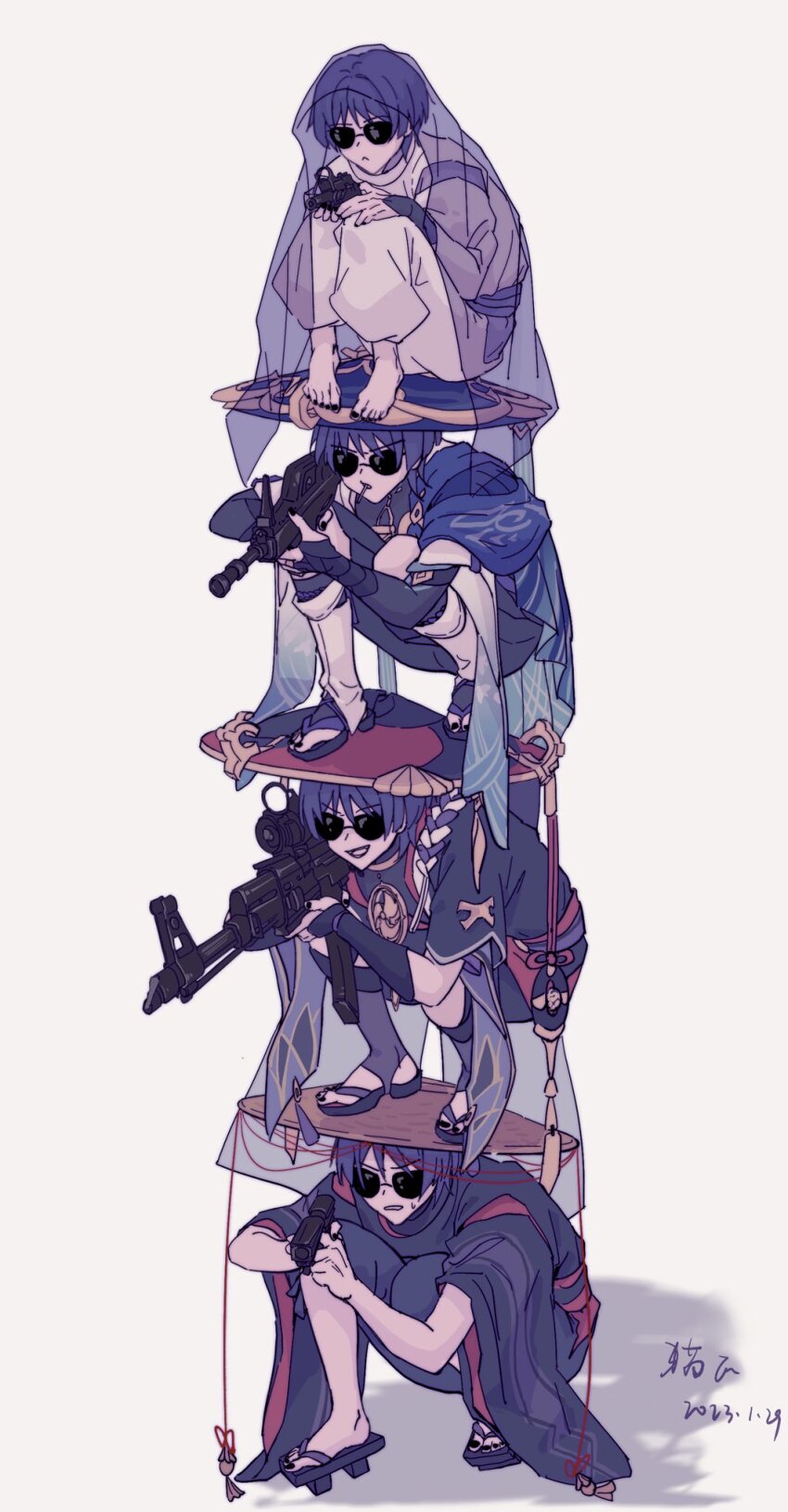 4boys :&lt; aiming akm armor assault_rifle barefoot black_nails closed_mouth dual_persona genshin_impact grey_background gun hat highres holding holding_gun holding_weapon human_tower japanese_armor japanese_clothes jingasa kalashnikov_rifle kote kurokote maoni_oo multiple_boys open_mouth rifle sandals scaramouche_(genshin_impact) scaramouche_(kabukimono)_(genshin_impact) shadow simple_background squatting stacking standing_on_person sunglasses sweat wanderer_(genshin_impact) weapon wide_sleeves zouri