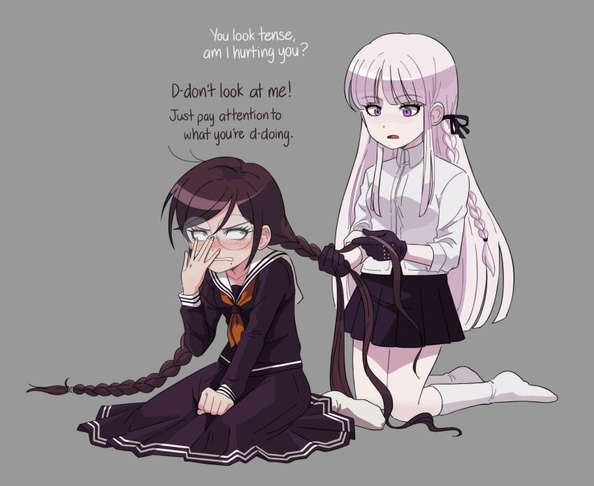2girls adjusting_eyewear black_gloves black_skirt blush braid braiding_hair clenched_hand collared_shirt commentary danganronpa:_trigger_happy_havoc danganronpa_(series) english_commentary english_text eyelashes fukawa_toko glasses gloves grey_background hairdressing highres kiana_mai kirigiri_kyoko kneehighs kneeling long_hair long_sleeves mole mole_under_mouth multiple_girls neck_ribbon neckerchief no_shoes open_mouth orange_neckerchief purple_eyes purple_hair purple_serafuku purple_shirt purple_skirt red_ribbon ribbon round_eyewear sailor_collar school_uniform serafuku shirt side_braid simple_background single_braid skirt skirt_set socks twin_braids white_sailor_collar white_shirt white_socks