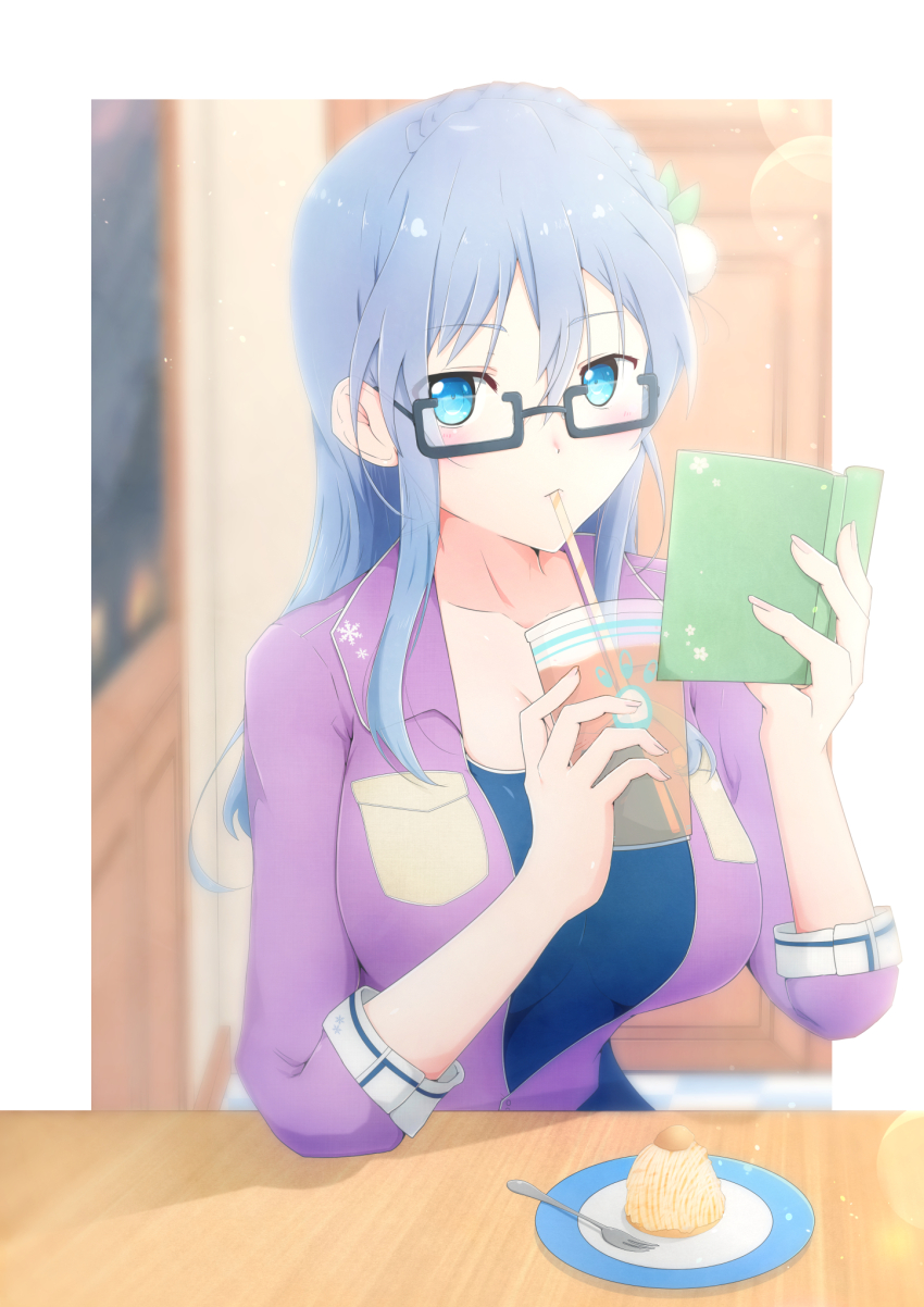 1girl 22/7 black-framed_eyewear blue_eyes blue_hair blue_shirt blurry blush book border bow braid collarbone cup depth_of_field disposable_cup drinking_straw drinking_straw_in_mouth elbow_on_table food fork furoggu-gaburi hair_bow highres holding holding_book indoors jacket lens_flare light_blue_hair light_particles long_hair looking_at_viewer maruyama_akane mont_blanc_(food) outside_border partially_unzipped purple_jacket rectangular_eyewear semi-rimless_eyewear shirt single_braid solo under-rim_eyewear white_border