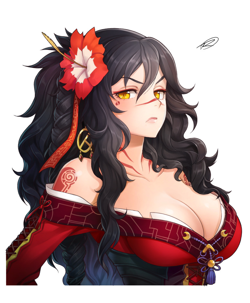 1girl arienne_(knights) arm_tattoo bags_under_eyes bare_shoulders black_corset black_hair body_markings breasts cleavage collarbone commission corset crescent earrings eyeliner facial_mark flower from_side gem gold_earrings hair_between_eyes hair_flower hair_ornament hair_ribbon hibiscus highres jewelry large_breasts light_frown lips long_bangs long_eyelashes long_hair looking_at_viewer looking_to_the_side makeup messy_hair off_shoulder original pink_lips purple_ribbon raised_eyebrows red_eyeliner red_flower red_gemstone red_ribbon revealing_clothes ribbon roonsheen second-party_source shiny_skin side_ponytail signature slit_pupils solo tattoo transparent_background two-tone_flower upper_body white_flower yellow_eyes