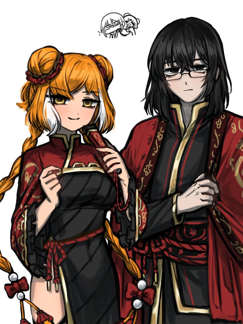 1boy 1girl black_dress black_eyes black_hair black_shirt braid chinese_clothes coat covered_navel double_bun dress family_hierarch_candidate_(identity)_(project_moon) gem glasses hair_bun highres ishmael_(project_moon) limbus_company long_hair looking_at_viewer medium_hair multicolored_hair nra_3614 orange_hair pearl_(gemstone) project_moon red_coat red_shrug rope_belt shirt side_slit simple_background solo standing streaked_hair twin_braids upper_body very_long_hair white_background yellow_eyes yi_sang_(project_moon)