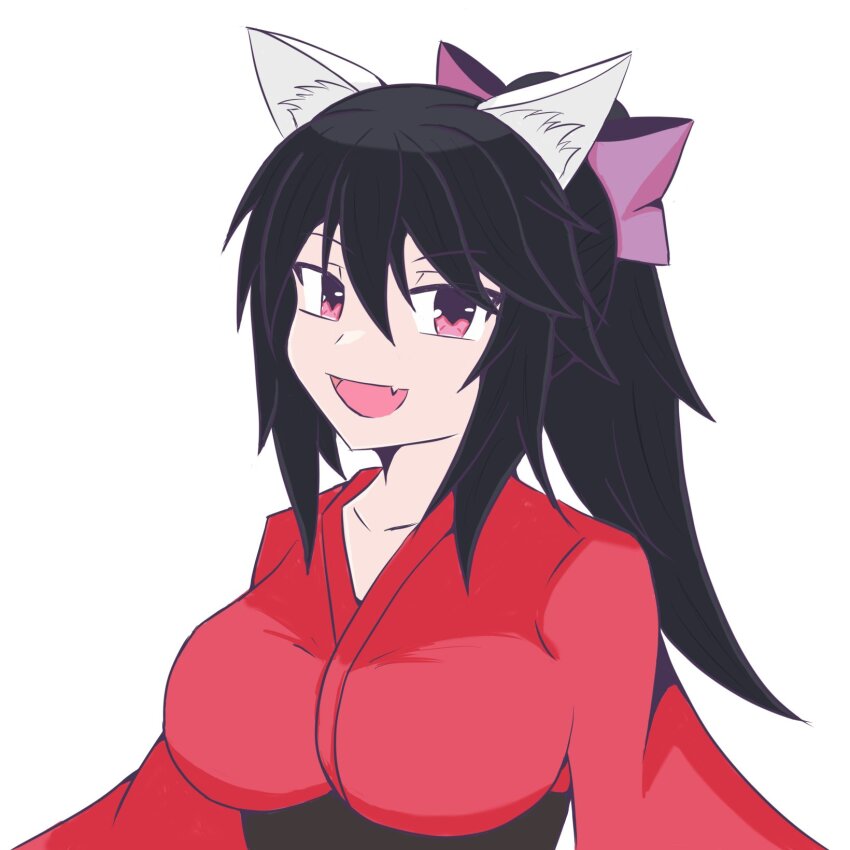 1girl :d animal_ear_fluff animal_ears bakeneko bow breasts cat_ears cat_girl collarbone commentary_request fang hair_between_eyes hair_bow highres japanese_clothes kimono large_breasts long_hair looking_at_viewer mashiro1863 noihara_himari omamori_himari open_mouth pink_eyes ponytail red_kimono skin_fang smile solo