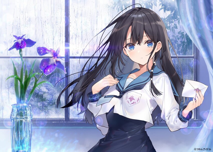 1girl black_dress black_hair blue_eyes braid copyright_name cropped_jacket curtains dress flower glass grey_sky hand_on_own_chest holding holding_letter letter long_hair mizukuki_ayame necktie necomi official_art parted_lips portrait princess_letter(s) purple_flower rain raised_inner_eyebrows sailor_jacket sky solo tears window