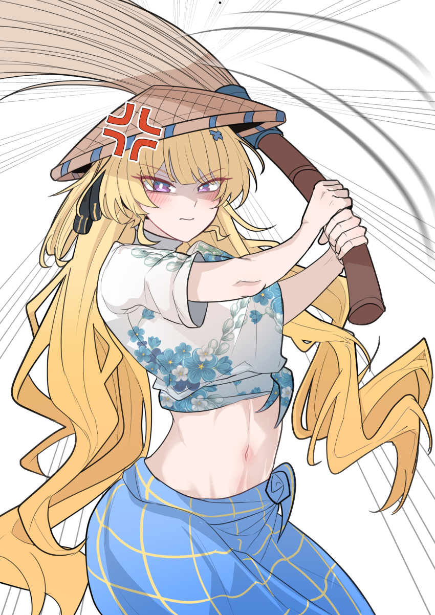 1girl absurdres alternate_costume anger_vein blonde_hair blue_sarong commentary english_commentary floral_print hat highres holding long_hair navel nort_muhehehe phoebe_(wuthering_waves) sarong shirt solo stomach straw_hat tied_shirt very_long_hair white_shirt wuthering_waves