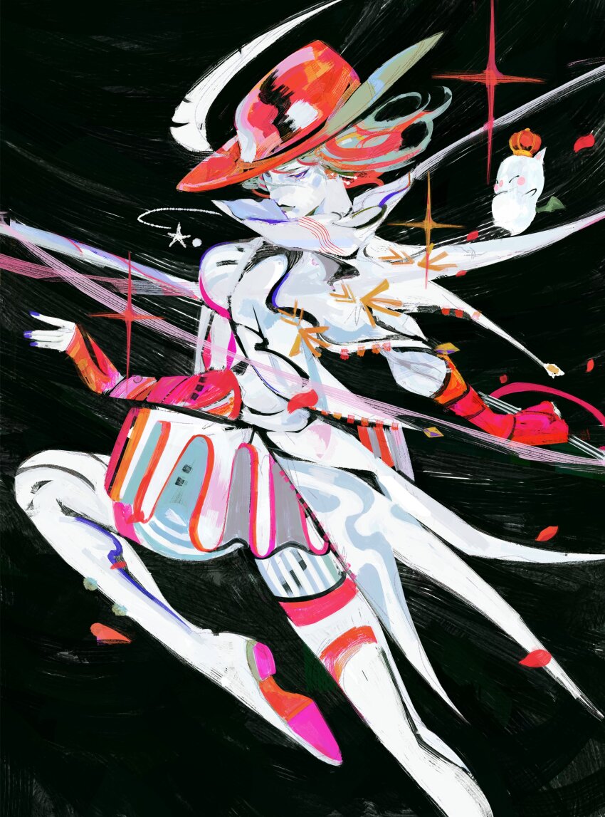 1girl absurdres amano_yoshitaka_(style) blue_eyes blush_stickers boots cape colored_skin commentary commission crown elbow_gloves english_commentary feathers final_fantasy final_fantasy_xiv fingerless_gloves from_side gloves grey_hair hat hat_feather highres moogle multicolored_hair original red_hair red_hat red_mage_(final_fantasy) rexpo star_(sky) thigh_boots two-tone_hair warrior_of_light_(ff14) white_skin