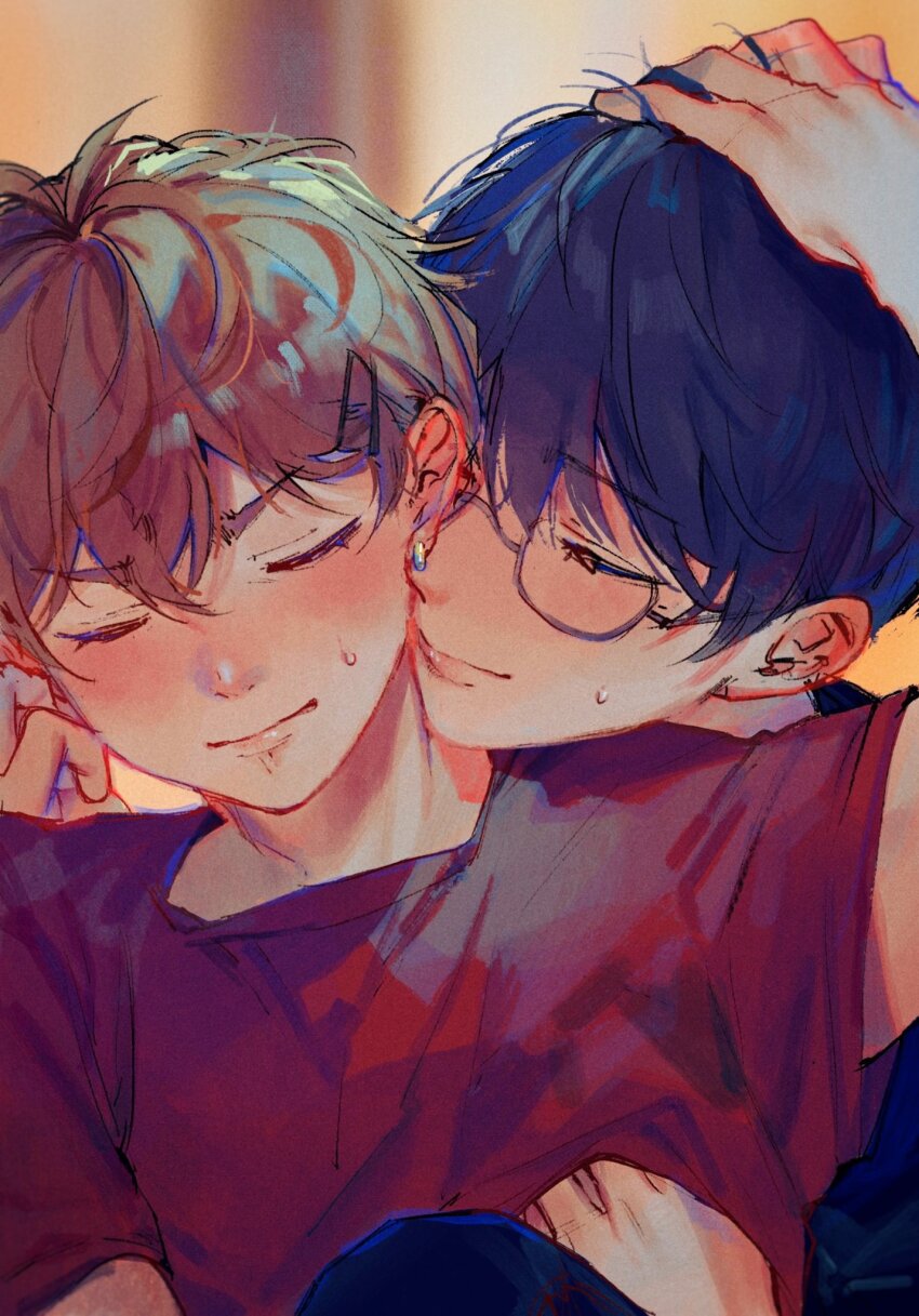 2boys amo_(amo_0514) arm_up black_hair blurry blurry_background blush brown_hair chinese_commentary closed_eyes closed_mouth commentary_request double-parted_bangs earrings front-to-back furrowed_brow glasses grey-framed_eyewear hair_between_eyes hair_ornament hairclip hand_on_another&#039;s_cheek hand_on_another&#039;s_chest hand_on_another&#039;s_face hand_on_another&#039;s_head hand_under_clothes hand_under_shirt head_tilt heads_together highres jewelry male_focus multiple_boys original parallel_hairclips red_shirt semi-rimless_eyewear shirt short_hair short_sleeves sweat t-shirt under-rim_eyewear upper_body yaoi