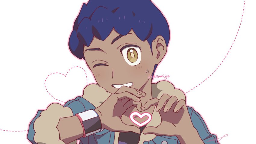 1boy black_shirt blush commentary_request creatures_(company) dark-skinned_male dark_skin dynamax_band fur-trimmed_jacket fur_trim game_freak grin hands_up heart heart_hands highres hop_(pokemon) jacket looking_at_viewer male_focus nintendo one_eye_closed open_clothes open_jacket pokemon pokemon_swsh purple_hair sankaku shirt short_hair three-quarter_sleeves smile solo sweatdrop teeth twitter_username watermark white_background yellow_eyes