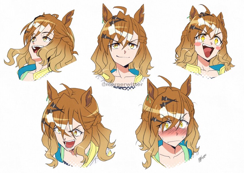 ahoge animal_ears blush blush_stickers braid brown_hair closed_mouth collarbone hair_between_eyes hair_ornament hairclip half_up_braid half_up_half_down_braid highres horse_ears horse_girl jacket jewelry jungle_pocket_(champion&#039;s_battle_cry)_(umamusume) jungle_pocket_(umamusume) medium_hair mergeritter multiple_expressions notched_ear open_mouth portrait simple_background smile sweat teeth tongue umamusume white_background yellow_eyes yellow_jacket