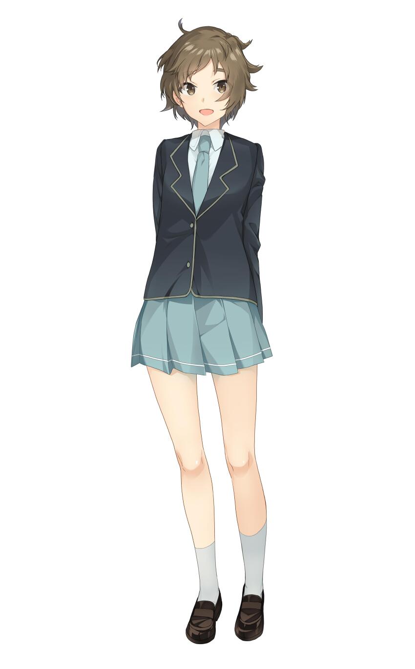 1girl absurdres akinashi_yuu aqua_necktie aqua_skirt arms_behind_back black_jacket blazer brown_eyes brown_hair brown_shoes full_body highres hodaka_akira jacket kanda_alice_mo_suiri_suru. loafers messy_hair necktie official_art open_mouth school_uniform shoes skirt smile socks solo third-party_source white_socks