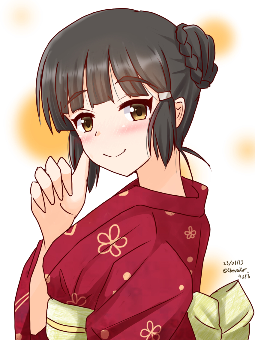 1girl braid braided_bun breasts brown_eyes brown_hair dated floral_print hair_bun highres japanese_clothes kantai_collection kimono long_hair looking_at_viewer looking_to_the_side medium_breasts myoukou_(kancolle) red_kimono sash sawatani_(chevalier_04056) single_hair_bun solo twitter_username upper_body white_background
