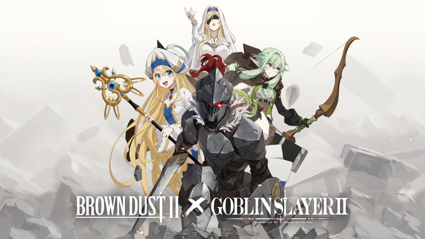 1boy 3girls absurdres armor armpits black_gloves blindfold blonde_hair blue_eyes bow_(weapon) breasts brown_cape brown_dust_(series) brown_dust_2 cape closed_mouth copyright_name dress duto elf full_armor gloves glowing glowing_eye goblin_slayer goblin_slayer! greaves green_eyes green_hair green_vest hand_on_own_chest hat helmet high_elf_archer_(goblin_slayer!) highres holding holding_bow_(weapon) holding_staff holding_sword holding_weapon jewelry large_breasts looking_ahead multiple_girls non-web_source official_art official_wallpaper open_mouth pendant pointy_ears priestess_(goblin_slayer!) robe second-party_source small_breasts smile staff sword sword_maiden teeth upper_teeth_only vambraces veil vest weapon white_dress white_hat white_robe white_veil