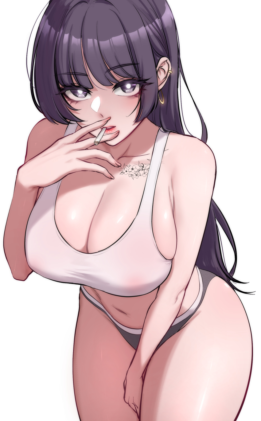 1girl absurdres armpit_peek baek_ga-in between_legs black_panties blunt_bangs breasts bright_pupils chest_tattoo cigarette circle cleavage collarbone covered_erect_nipples crop_top ear_piercing earrings eyebrows_hidden_by_hair eyes_visible_through_hair fingernails flower_tattoo hand_between_legs highres holding holding_cigarette jewelry joonibell large_breasts long_hair multicolored_panties navel open_mouth panties piercing purple_eyes purple_hair smoking solo standing tank_top tattoo teeth thighhighs underwear very_long_hair white_background white_panties white_pupils white_tank_top
