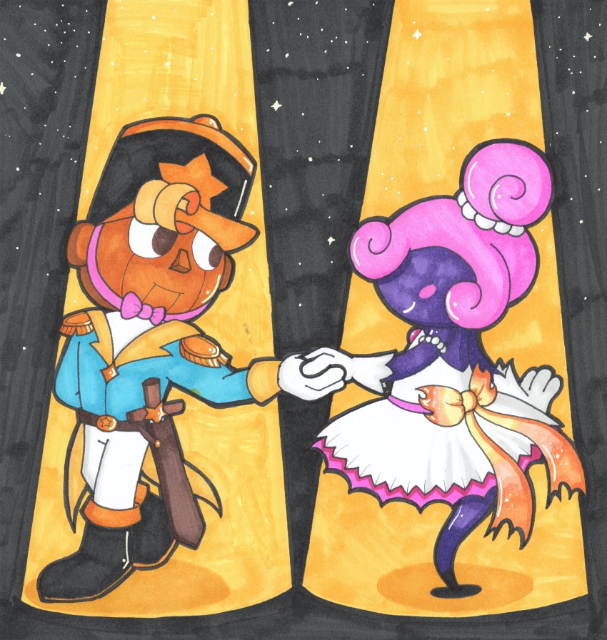1boy 1girl absurdres belt black_footwear black_headwear blonde_hair blue_suit blush_stickers boots bow brown_eyes clara_(the_nutcracker) collared_coat collared_jacket colored_skin cosplay dancing doll_joints dress dress_bow epaulettes formal_clothes geno_(mario) ghost_tail gloves hat highres holding_hands jacket joints kepi light_blue_jacket mario_(series) marker_(medium) military_hat miss_d nintendo off-shoulder_dress off_shoulder pants paper_mario paper_mario:_the_thousand_year_door pearl_hair_ornament pink_hair puppet purple_skin star_(symbol) star_print suit super_mario_rpg sword the_nutcracker the_nutcracker_(character) topknot toy_soldier traditional_media updo vivian_(paper_mario) waltz_(dance) weapon white_dress white_gloves white_pants wooden_sword yellow_bow