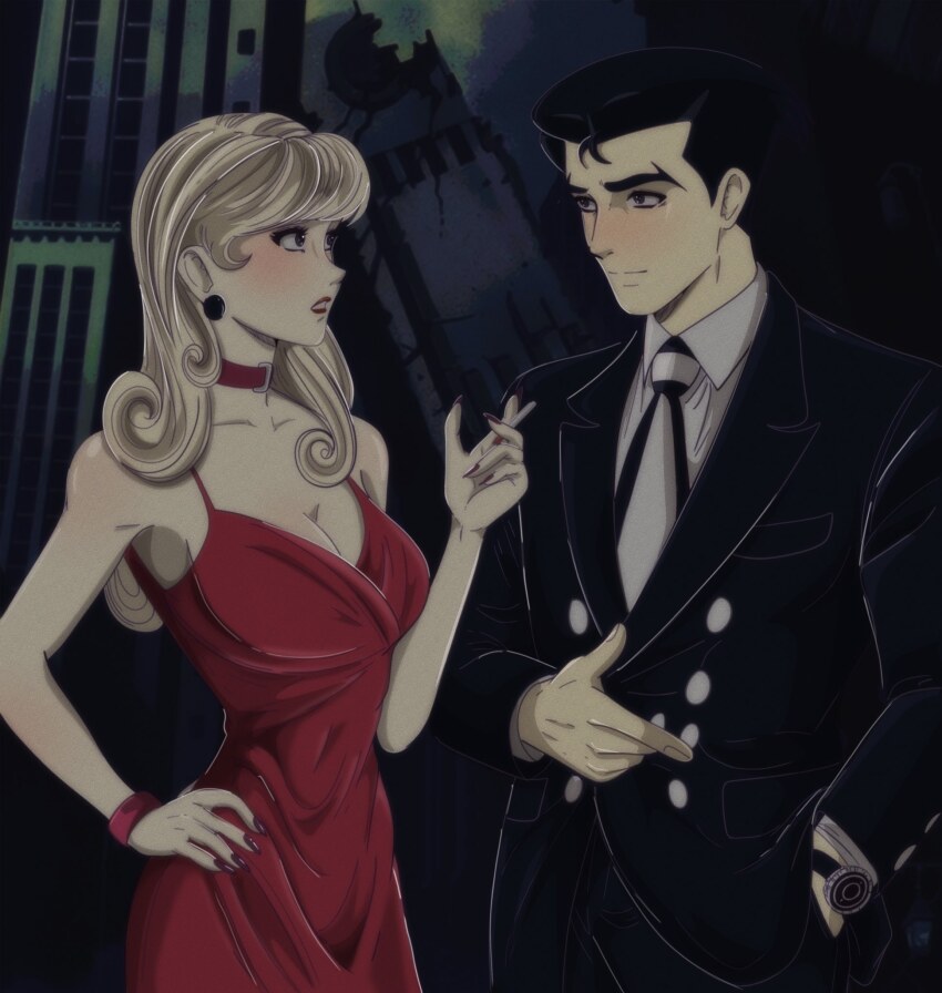1boy 1girl angel_(big_o) black_eyes black_hair black_jacket blonde_hair blush breasts building choker cleavage closed_mouth collarbone collared_shirt dress fingernails hand_in_pocket highres jacket lipstick long_hair makeup megadeus_mommy red_choker red_dress red_lips red_nails roger_smith ruins shirt skyscraper the_big_o vertical-striped_neckerchief watch white_shirt wristwatch