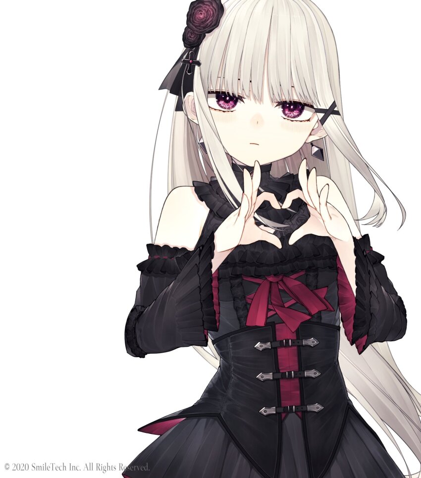 1girl black_bow black_corset black_shirt black_skirt bow character_request closed_mouth commentary_request copyright_notice corset cowboy_shot cross cross_hair_ornament detached_sleeves diamond_earrings earrings expressionless floating_hair floral_print flower frilled_shirt frilled_shirt_collar frilled_sleeves frills greek_cross grey_hair hair_bow hair_flower hair_ornament hands_up heart heart_hands highres jewelry lace_trim light_frown long_hair long_sleeves looking_at_viewer mahjong_hime official_art purple_eyes red_flower red_ribbon red_rose ribbon riuichi rose shirt sidelocks skirt sleeveless sleeveless_shirt solo sparkling_eyes very_long_hair x_hair_ornament