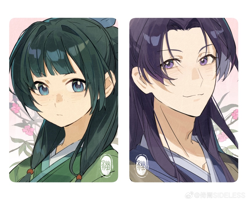 1boy 1girl absurdres blue_eyes blue_ribbon freckles green_hair hair_ribbon highres jinshi_(kusuriya_no_hitorigoto) kusuriya_no_hitorigoto maomao_(kusuriya_no_hitorigoto) portrait purple_eyes purple_hair ribbon seal_script watermark weibo_username weibo_watermark yilansideless