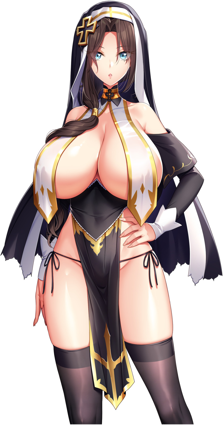 1girl :o absurdres akagi_rio arm_at_side black_panties black_thighhighs blue_eyes breast_curtains breasts brown_hair cleavage coif collar covered_navel cross_hair_ornament detached_sleeves elizabeth_mysterante game_cg hair_ornament hair_over_shoulder hand_on_own_hip highres huge_breasts long_hair looking_at_viewer low-tied_long_hair metal_collar milk_factory mole mole_under_eye motto!_haramase!_honoo_no_oppai_isekai_oppai_maid_gakuen! non-web_source nun panties parted_bangs pelvic_curtain ponytail side-tie_panties skindentation solo thighhighs transparent_background underwear