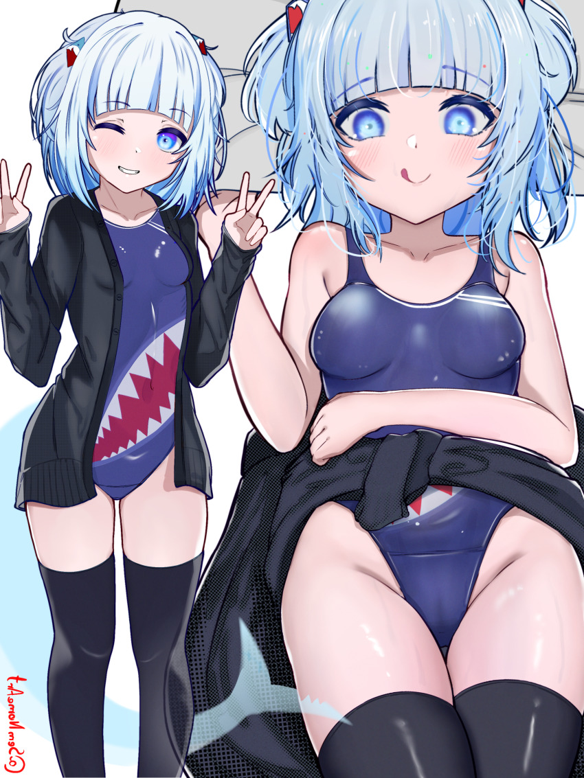 1girl absurdres black_jacket black_sweater black_thighhighs blue_eyes blue_hair blue_one-piece_swimsuit blue_panties blush breasts closed_mouth clothes_around_waist double_v eyebrows_hidden_by_hair gawr_gura groin highres hololive jacket licking_lips looking_at_viewer lying medium_breasts medium_hair micro_panties multiple_views nail_polish on_back one-piece_swimsuit panties pillow pillow_grab school_swimsuit semnomeart shark_print simple_background small_breasts smile striped_clothes striped_panties sweater sweater_around_waist swimsuit swimsuit_under_panties teeth thighhighs tongue tongue_out underwear v virtual_youtuber white_background