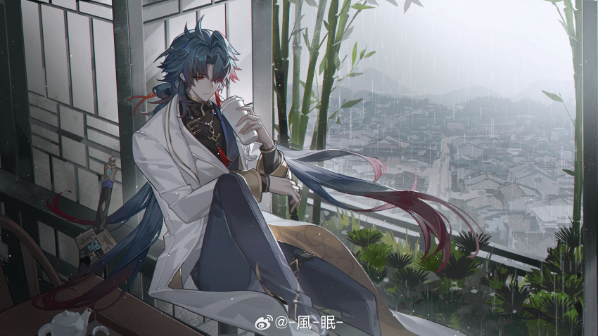 1boy absurdres architecture bamboo blade_(honkai:_star_rail) city cup disposable_cup east_asian_architecture gradient_hair green_hair highres honkai:_star_rail honkai_(series) kazenemuri male_focus multicolored_hair on_railing railing rain red_eyes red_hair sitting solo sword table tassel teapot weapon window