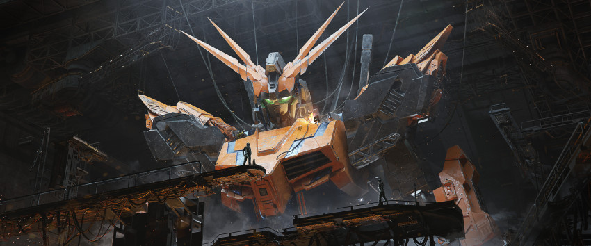 absurdres cable cat dirty engineer fog glowing glowing_eyes green_eyes gundam hangar highres ikatar industrial lights machinery mecha mobile_suit original robot science_fiction sparks station upper_body welding when_you_see_it