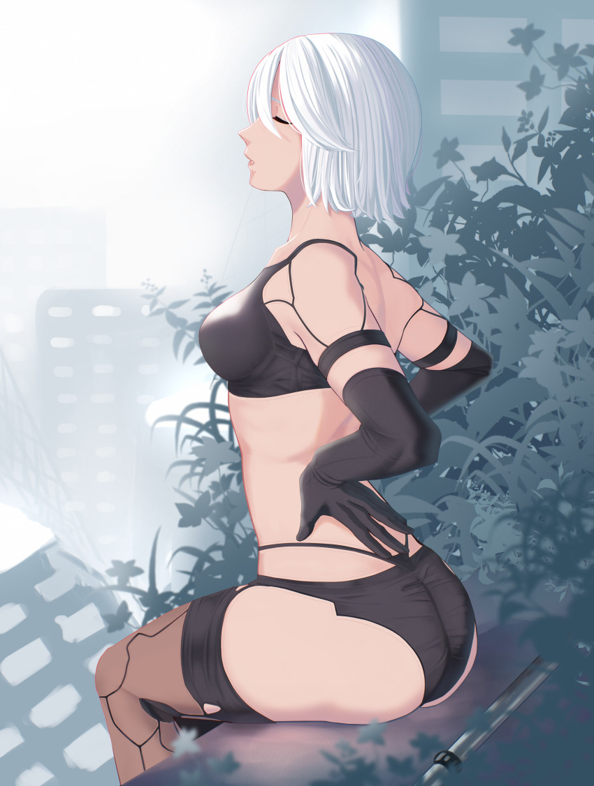 1girl a2_(nier:automata) absurdres arm_behind_back arms_behind_back ass black_bra black_gloves black_panties black_thighhighs bra closed_eyes elbow_gloves gloves hand_on_own_hip highres multi-strapped_panties nier:automata nier_(series) panties profile short_hair sitting solo thighhighs underwear white_hair yoomix