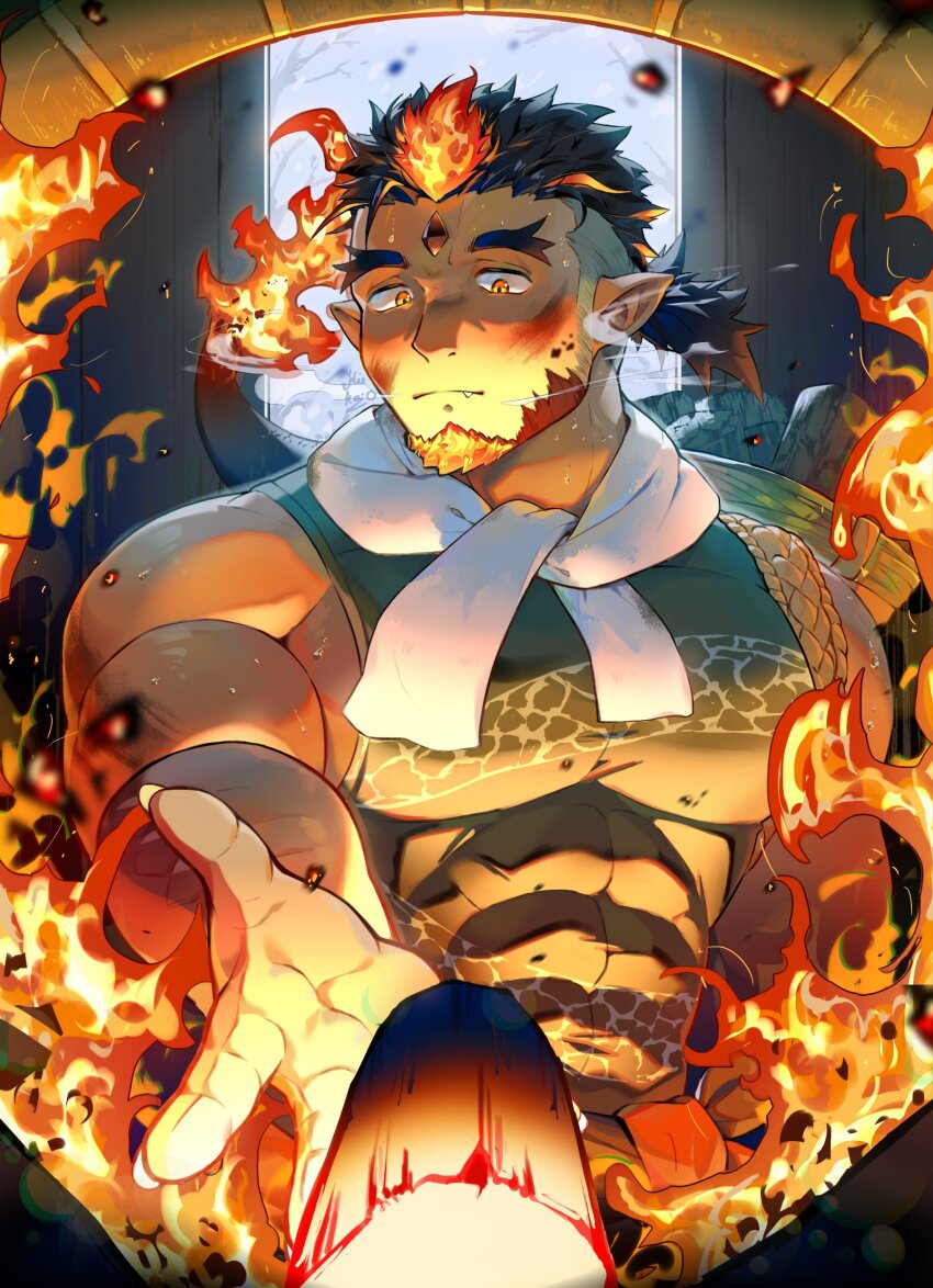 absurdres bara black_hair closed_mouth coal dirty dirty_face dragon_tail facial_hair fire highres kiekoio kumano_gongen_(housamo) tail tokyo_houkago_summoners tossing