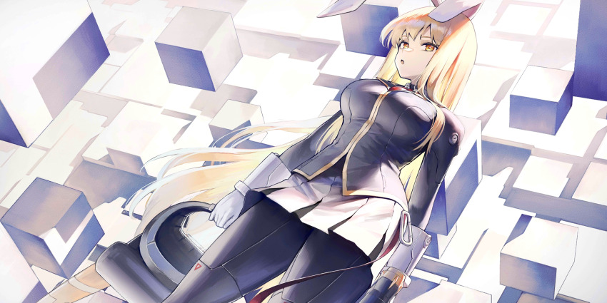 1girl alternate_eye_color alternate_hair_color animal_ears black_pantyhose black_skirt blonde_hair breasts commentary cube english_commentary game_cg gloves highres itaco jacket large_breasts long_hair long_sleeves looking_at_viewer official_art open_mouth pantyhose rabbit_ears reisen_udongein_inaba reisen_udongein_inaba_(lunatic_space_youkai) skirt solo third-party_source touhou touhou_lostword two-tone_skirt very_long_hair white_gloves white_skirt yellow_eyes