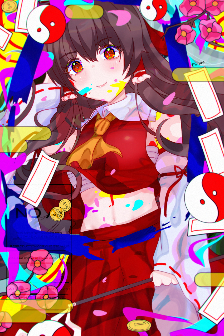 absurdres ascot bow cherry_blossoms colorful detached_sleeves facepaint flower frilled_bow frilled_hair_tubes frills gohei hair_bow hair_tubes hakurei_reimu highres hirwannew nontraditional_miko pink_flower red_bow red_skirt ribbon-trimmed_sleeves ribbon_trim skirt skirt_set touhou yellow_ascot yin_yang