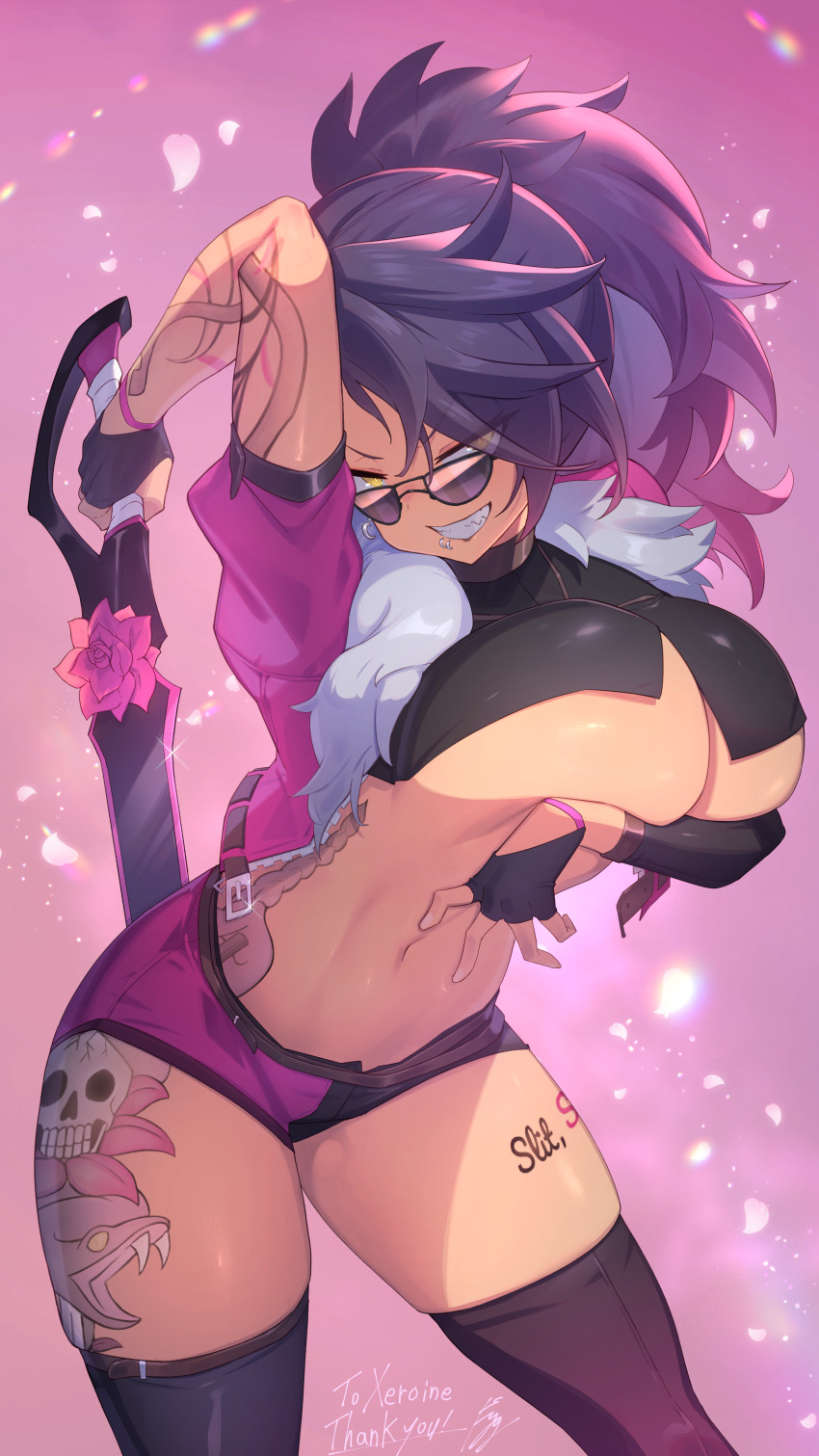1girl absurdres arm_tattoo arm_under_breasts black_gloves black_hair black_shorts black_sleeves black_thighhighs breasts bright_pupils cleavage commission crescent crescent_earrings cropped_jacket cropped_shirt earrings eyes_visible_through_hair fingerless_gloves flower fur-trimmed_jacket fur_trim gloves highres holding holding_sword holding_weapon jacket jewelry large_breasts leg_tattoo lip_piercing long_hair navel open_clothes open_jacket original piercing pink_flower pink_jacket pink_shorts ponytail sakazu_mekasuke sharp_teeth shorts single_sleeve skeb_commission skull_tattoo solo stomach_tattoo sunglasses sword tan tattoo teeth thank_you thighhighs two-tone_shorts weapon white_pupils yellow_eyes