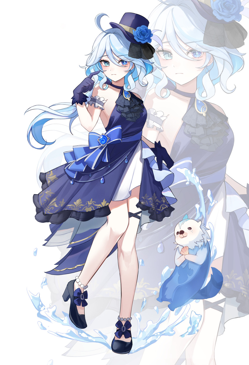 1girl absurdres ascot black_ascot black_gloves blue_eyes blue_gemstone blue_hair blue_hat commentary cowlick dress drop-shaped_pupils furina_(genshin_impact) gem genshin_impact gloves hat heterochromia highres hydro_symbol_(genshin_impact) leisurely_otter_(genshin_impact) light_blue_hair mismatched_pupils otter solo symbol-shaped_pupils top_hat uwon vision_(genshin_impact)